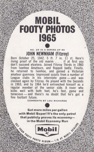 1965 Mobil Footy Photos VFL #29 John Newnham Back